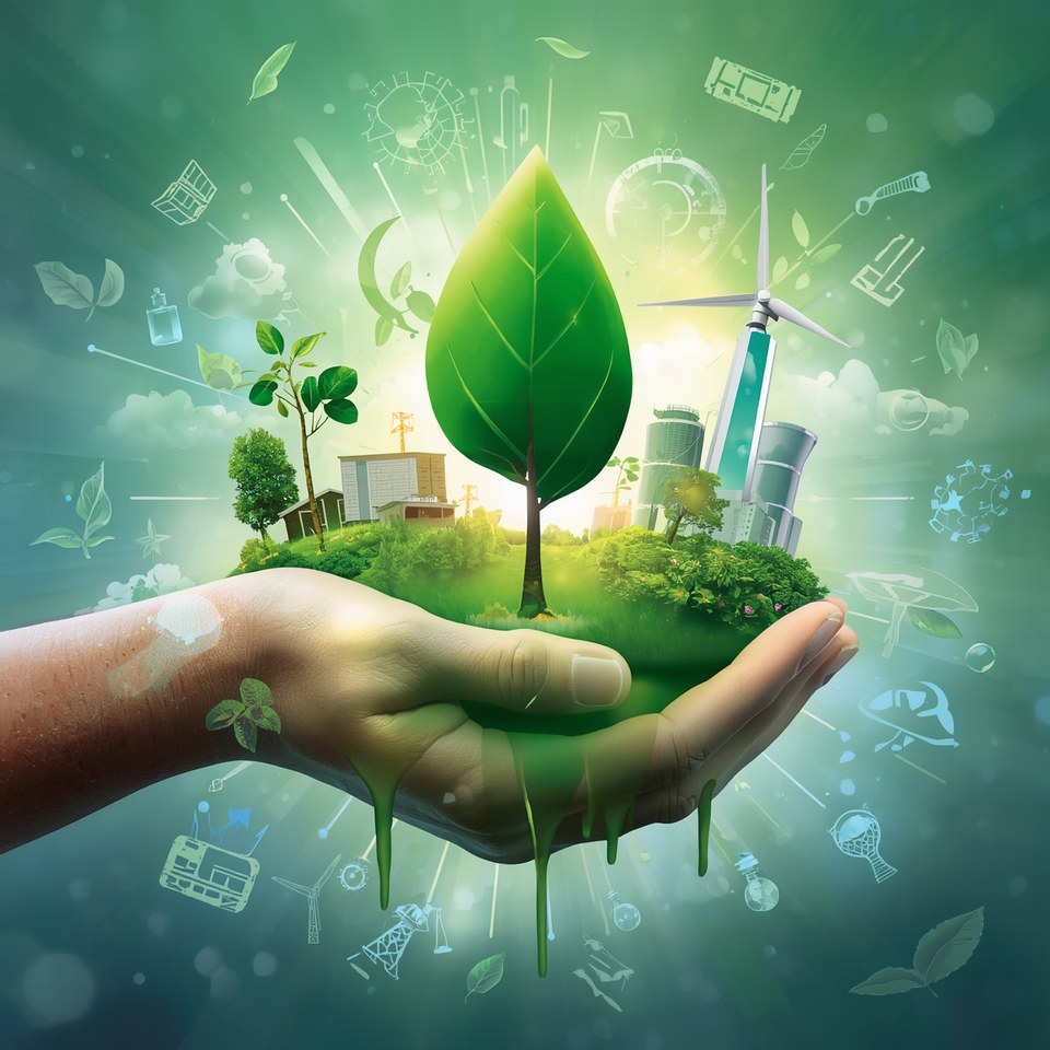 Illustration of a hand holding a small green landscape with a tree, wind turbine and buildings, symbolizing sustainability.