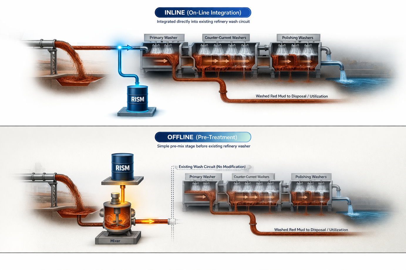 Diagram comparing RISM Inline, which doses RISM directly into the pipe feeding the primary washer, against RISM Offline, which pre-mixes RISM with red mud in an industrial mixer before it reaches the unmodified wash circuit.