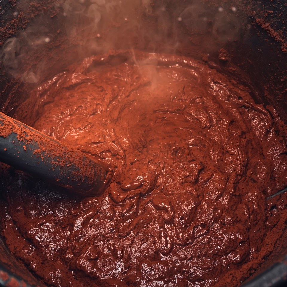 Close-up of thick red mud being turned and mixed, with steam rising off the surface.