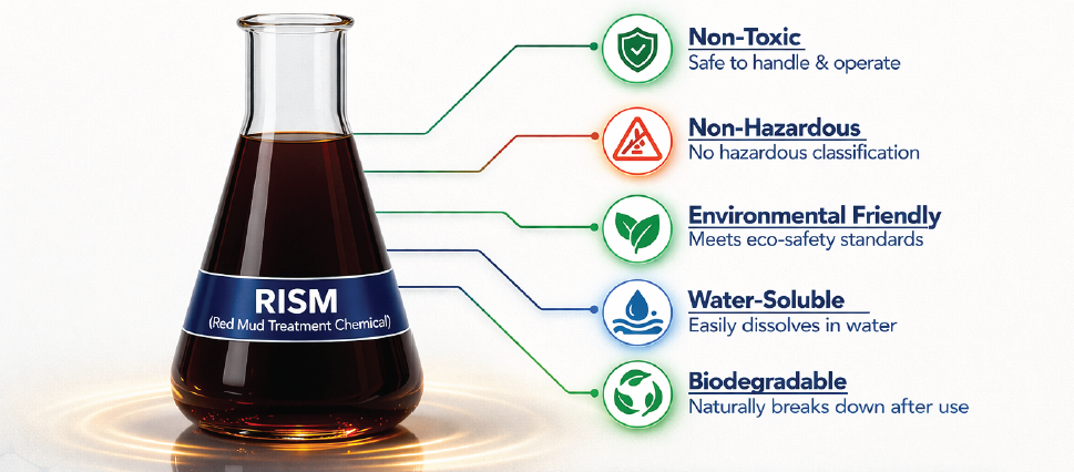 Amber glass flask labelled RISM, Red Mud Treatment Chemical, holding a dark red-brown liquid.