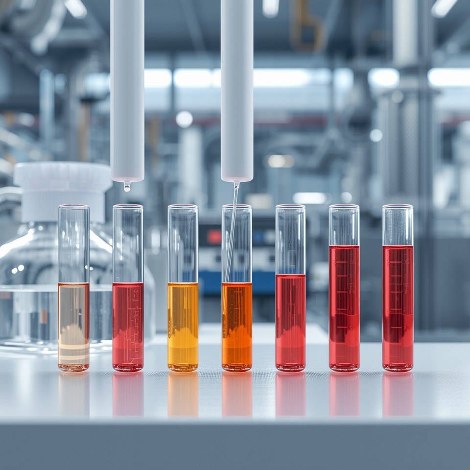 Seven titration vials showing the red mud liquor gradient, from pale amber to deep red, mid-treatment in a refinery lab.